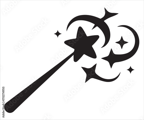 Magic wand silhouette with sparkles isolated on white, fantasy and enchantment icon