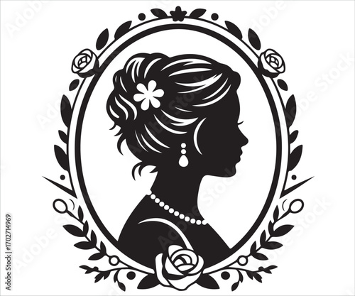 Vintage woman cameo silhouette portrait in oval frame isolated on white background