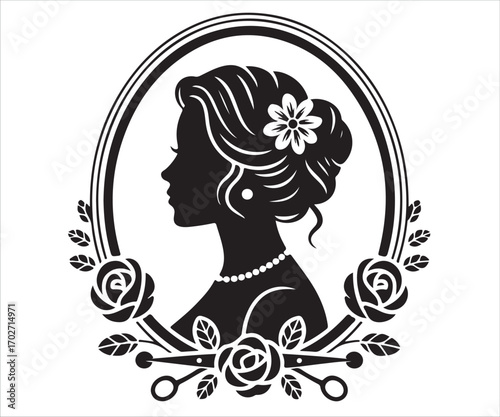 Black silhouette cameo portrait of elegant woman in oval frame isolated on white background, vintage vector illustration symbolizing beauty, femininity, fashion, antique style, jewelry, and decorative