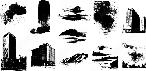 Black ink silhouette set of urban graphics and abstract ink effects
