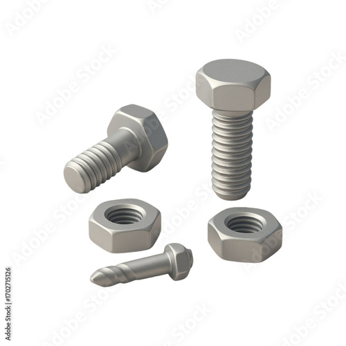 Set of metal bolts and nuts isolated on transparent background