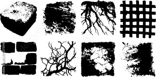Black ink silhouette collection of urban patterns and textures featuring bricks and grids