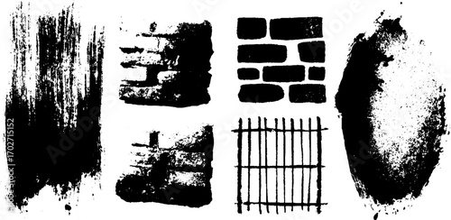 Black ink silhouette set featuring urban patterns and grids in graffiti style