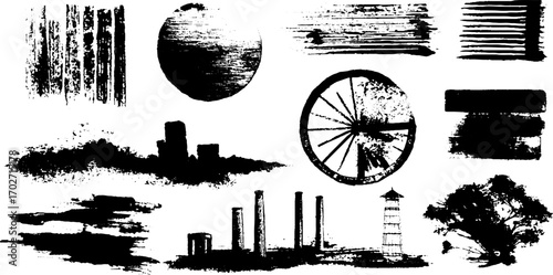 Black ink silhouette set featuring urban patterns and grids for creative design