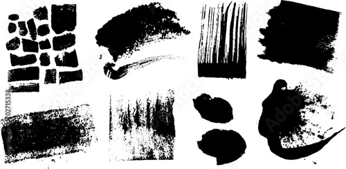 Collection of black ink silhouettes with urban scars and plaster texture for creative design