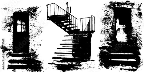 Urban sketch series: black ink silhouettes of alley scenes including staircase and doorways