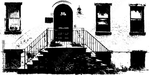 Black ink silhouette of urban alley entrance, rough street art design for posters