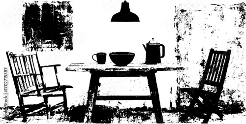 Rustic urban sketch of cafe table with chairs and lamp in black ink silhouette