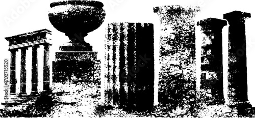 Black ink silhouette of urban museum sketch with architectural columns