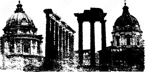 Urban architectural silhouettes: ink sketches of historic museums and landmarks