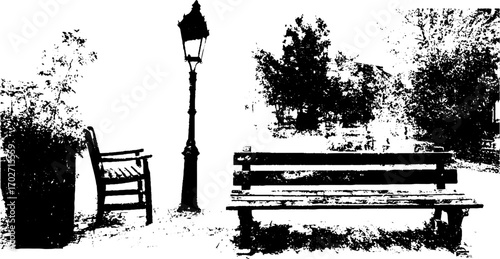 Urban park scene with street lamp and benches in black ink silhouette art