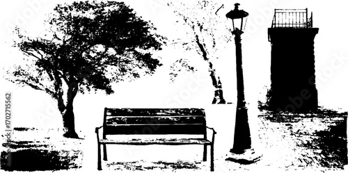 Urban park silhouette with bench, tree, and lamp post for artistic design