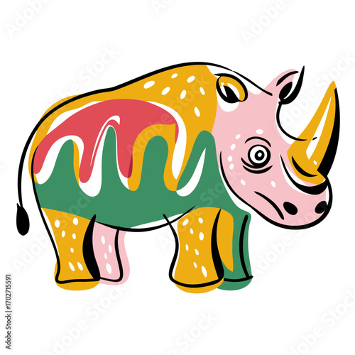 Colorful abstract illustration of a rhinoceros in playful style  