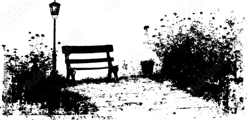 Urban park scene with black ink silhouette of bench and lamp post for artistic design