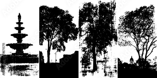 Black ink silhouette set of urban sketches featuring trees and fountain