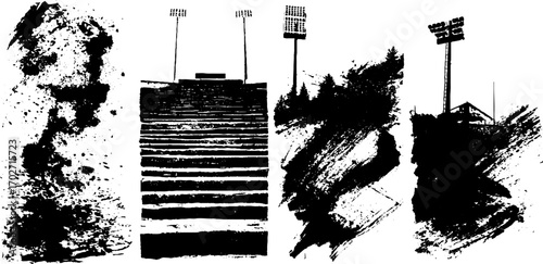 Black ink silhouette set of urban stadium sketches with grunge texture