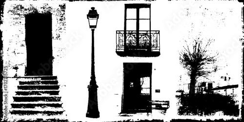 Black ink urban sketches: silhouettes of street scenes in grunge style for art and design