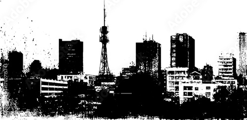Black ink silhouette of urban rooftops with tower and city skyline