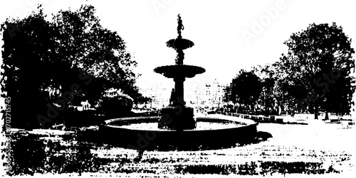 Black ink silhouette of urban fountain in park setting for artistic design