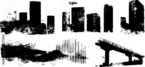 Black ink silhouette set depicting urban utopia with skyscrapers and bridges