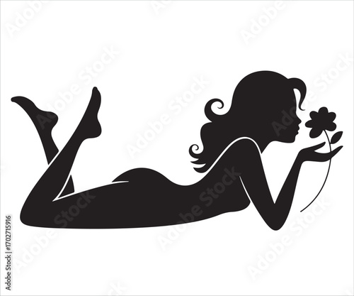 Silhouette of woman lying with flower isolated on white, beauty and romance vector