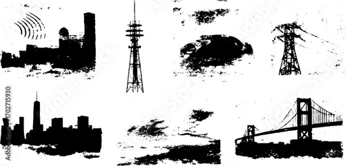 Black ink silhouette set of urban utopia with skyscrapers, bridges, and antennas