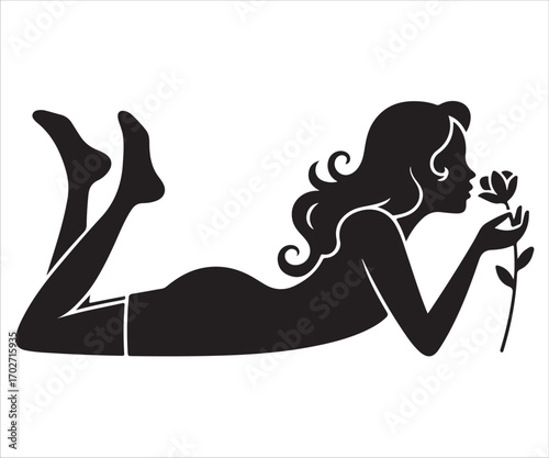 Black silhouette of woman lying down holding flower isolated on white background, elegant vector illustration symbolizing beauty, femininity, romance, relaxation, nature, sensuality, and decorative de
