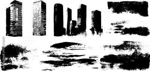 Black ink silhouette set of skyscrapers in urban utopia design for posters