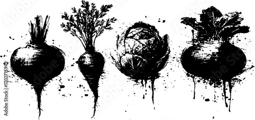 Black ink vegetable silhouettes with carrot and bee theme for art projects