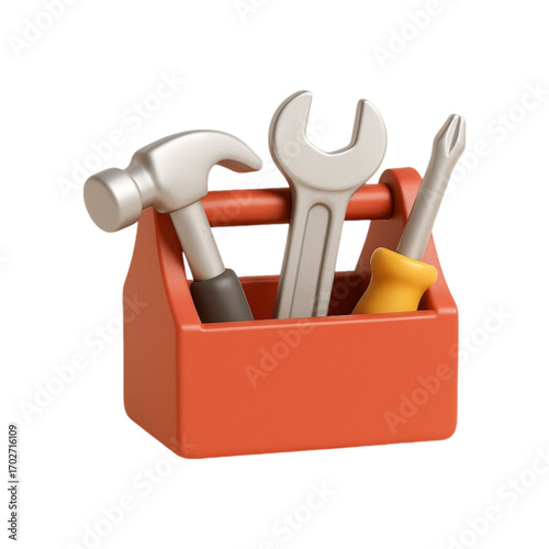 3d rendered orange toolbox with hammer wrench and screwdriver isolated on transparent background