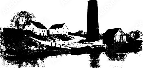 Vintage landscape silhouettes in black ink featuring rural scenes and structures