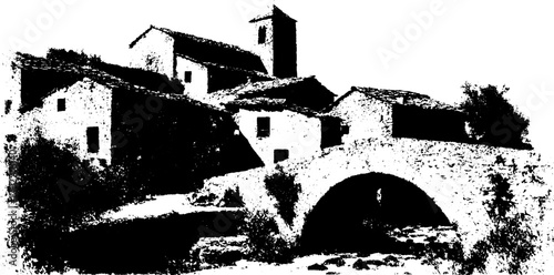 Vintage landscape silhouette of rustic village with stone bridge