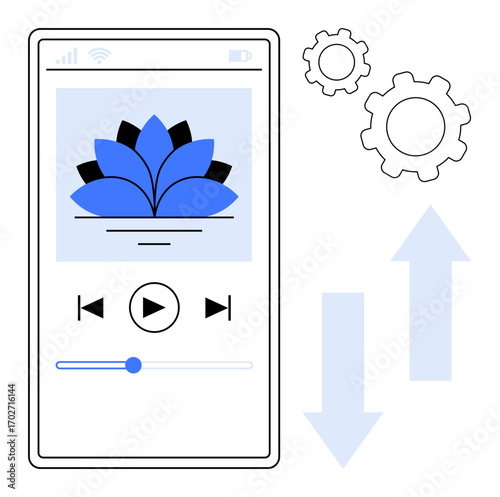 Smartphone screen displaying audio player interface with playback controls and a flower icon. Adjacent gears symbolize customization. Ideal for entertainment, apps, design, music, adjustments