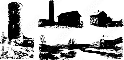 Vintage ink silhouette landscapes featuring historic structures and countryside