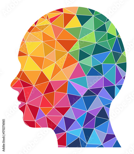 Colorful geometric silhouette of a human head created from triangular mosaic shapes, isolated on a white background