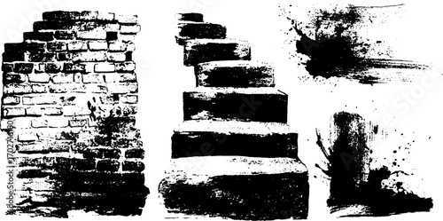 Black ink silhouettes of brick wall, stairs, and grunge splatter elements for urban design