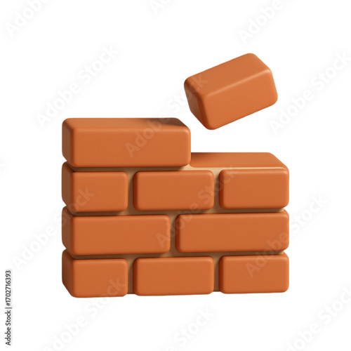 Building a brick wall with a single brick isolated on transparent background