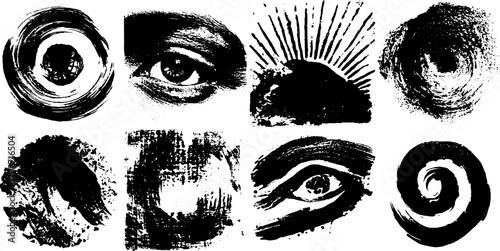 Mystical eye symbols and abstract black ink art for spiritual designs