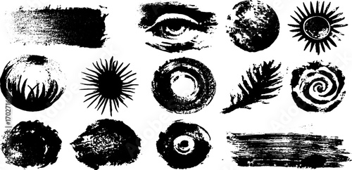 Mystical black ink symbols and abstract designs featuring eyes and rays