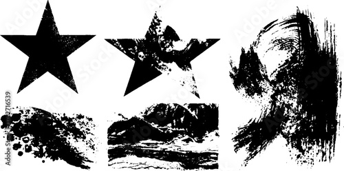 Black ink symbols and abstract grunge stars with artistic brush strokes