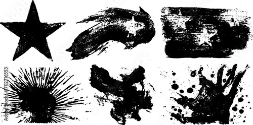 Black ink grunge symbol set with stars and abstract shapes for urban art design
