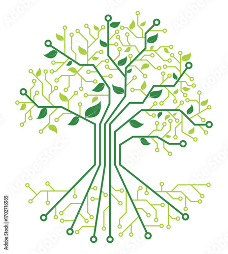 Digital tree illustration combining electronic circuits with organic leaves