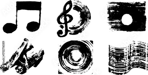 Abstract musical note symbols with black ink grunge style for creative design