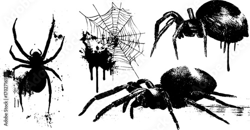 Abstract black ink symbols featuring spiders and webs for design elements