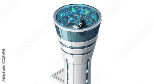 Isometric vector of operator in airport control tower, monitoring flight traffic on screens, modern building