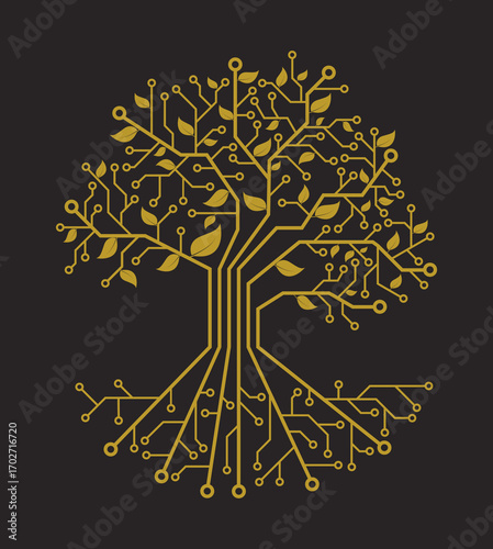 Digital tree illustration combining electronic circuits with organic leaves