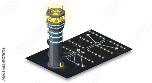 Isometric vector illustration of airport air traffic control tower with runway lights at night, aviation safety.