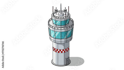 Airport air traffic control tower isometric vector illustration with clear windows and antenna array