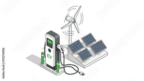 Isometric EV charging station powered by wind turbine and solar panels illustration