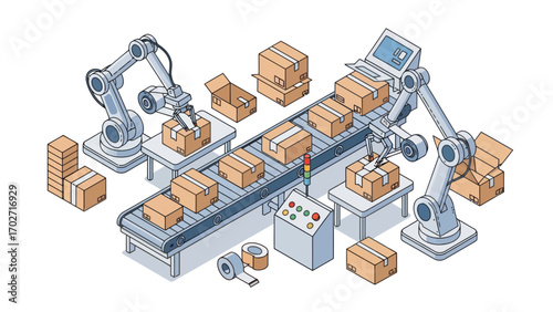Isometric vector: Robotic arms processing boxes on conveyor belt in automated factory